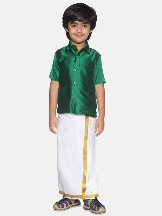 Sethukrishna Boys Green & White Shirt with Dhoti