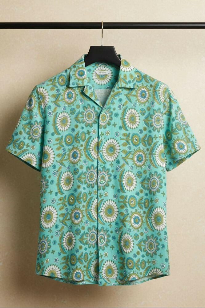 Medallion — Teal Ajrakh Cotton Shirt by Hilo Design