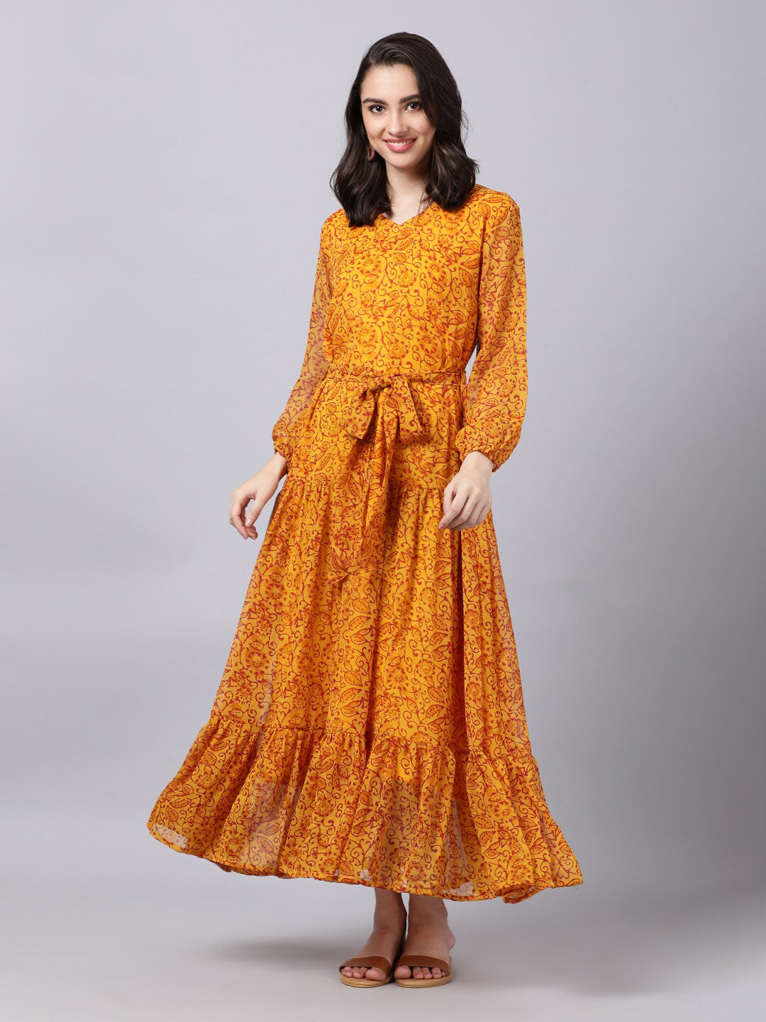 Souchii Yellow Floral Layered Chiffon Maxi Dress 