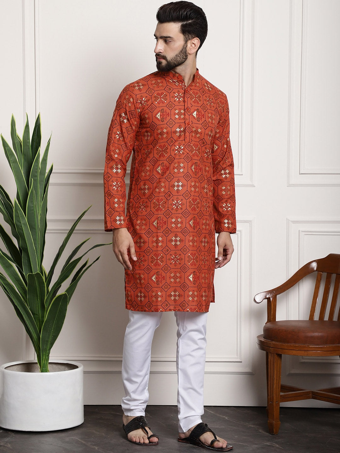 Sojanya Men Orange Printed Cotton Linen Kurta with Churidar 
