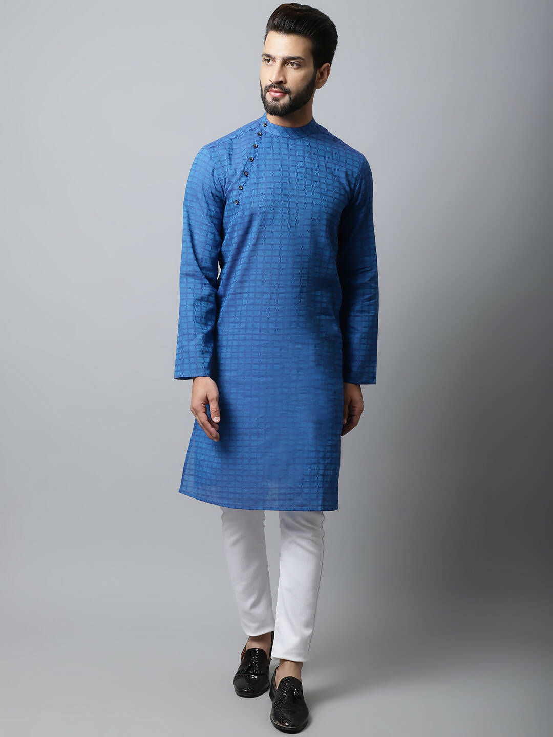 Even Apparels Blue Color Pure Cotton Men's Kurta With Band Collar (CHK1198) 