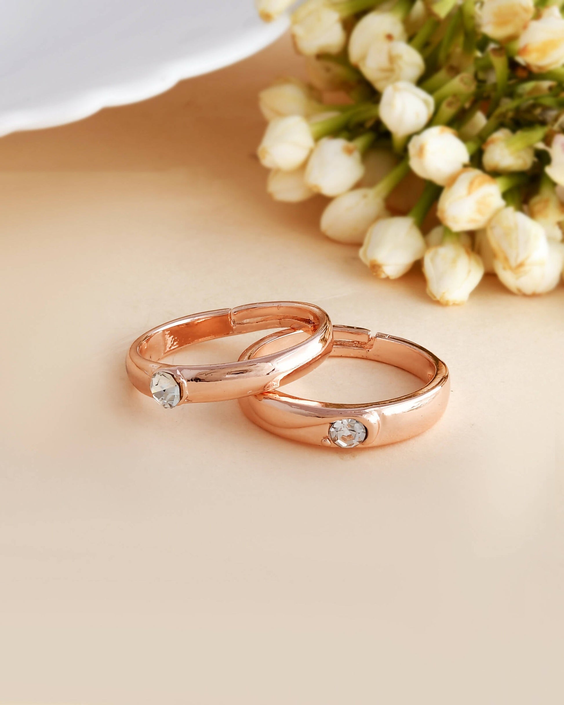 VOJ Stainless Steel Cubic Zirconia Rose Gold-Polished Adjustable Ring Set for Couple 