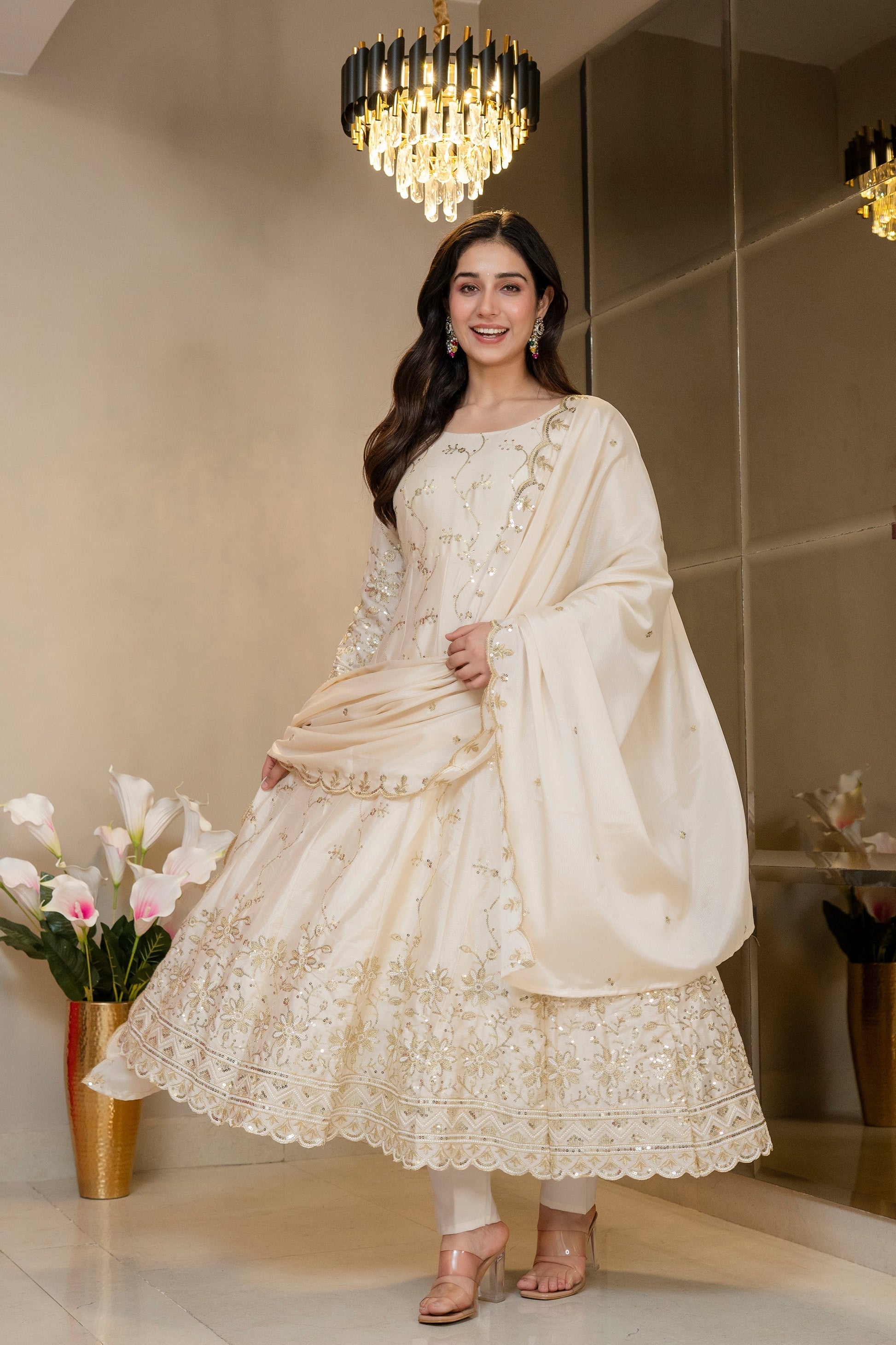 Yash Enterprise Cream Chinon Silk Party Wear Embroidery Suit Set  Grab2Buy Yash Enterprise Grab2Buy