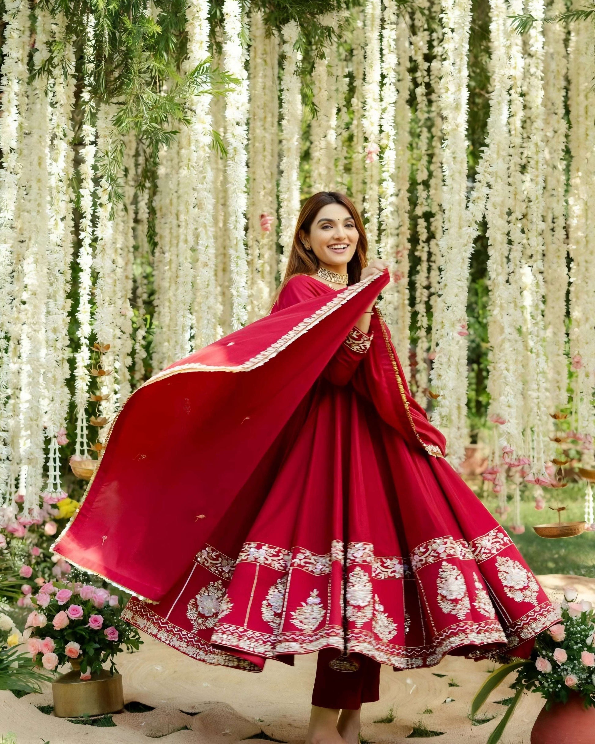 Yash Enterprise Red Roman Silk Embroidery Suit Set  Grab2Buy Yash Enterprise Grab2Buy