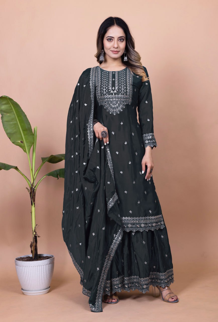 Yash Enterprise Black Chinon Silk Embroidery Party Wear Suit Set  Grab2Buy Yash Enterprise Grab2Buy