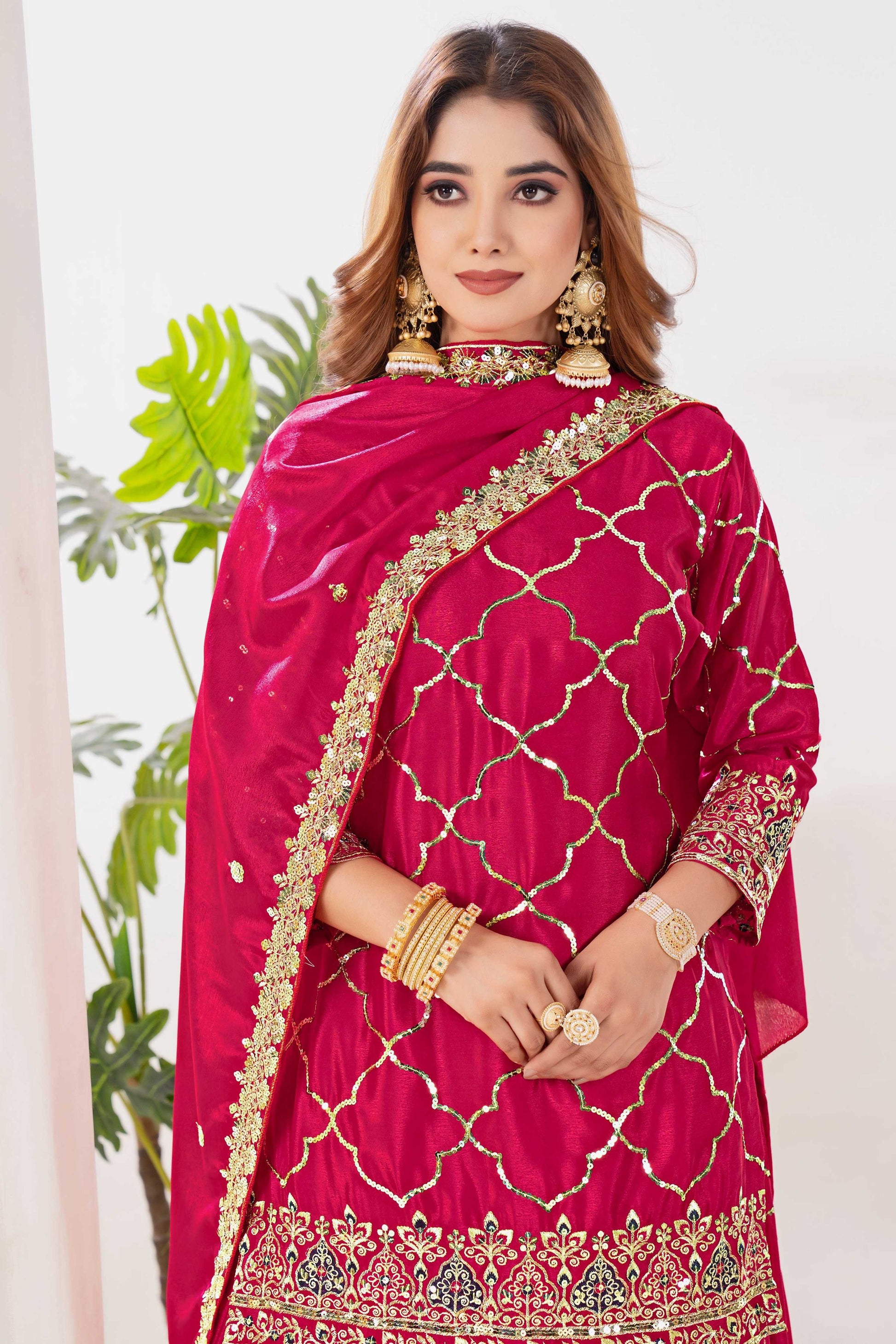 Yash Enterprise Red Chinnon Silk Embroidery Party Wear Suit Set  Grab2Buy Yash Enterprise Grab2Buy
