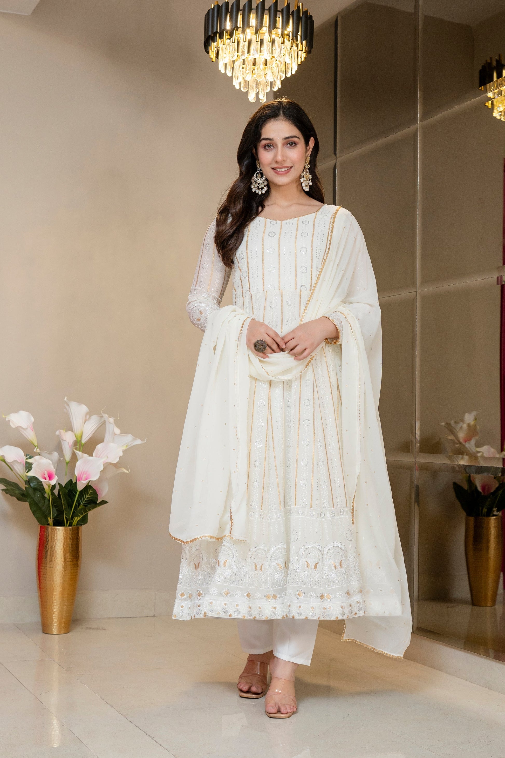 Yash Enterprise Off White Faux Blooming Party Wear Embroidery Suit Set  Grab2Buy Yash Enterprise Grab2Buy