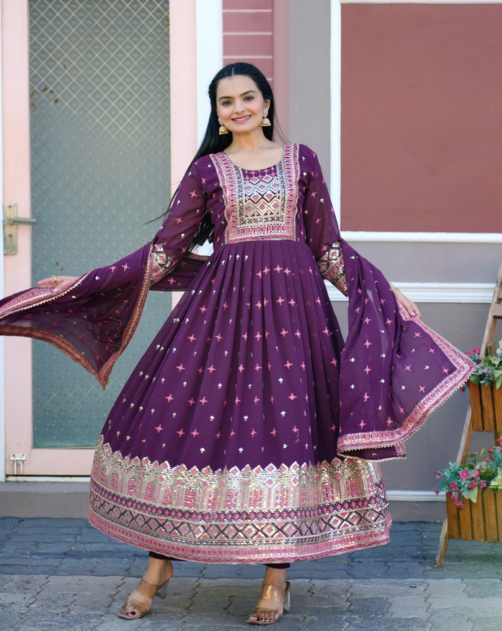 Yash Enterprise Wine Georgette Party Wear Embroidery Party Wear Suit Set  Grab2Buy Yash Enterprise Grab2Buy