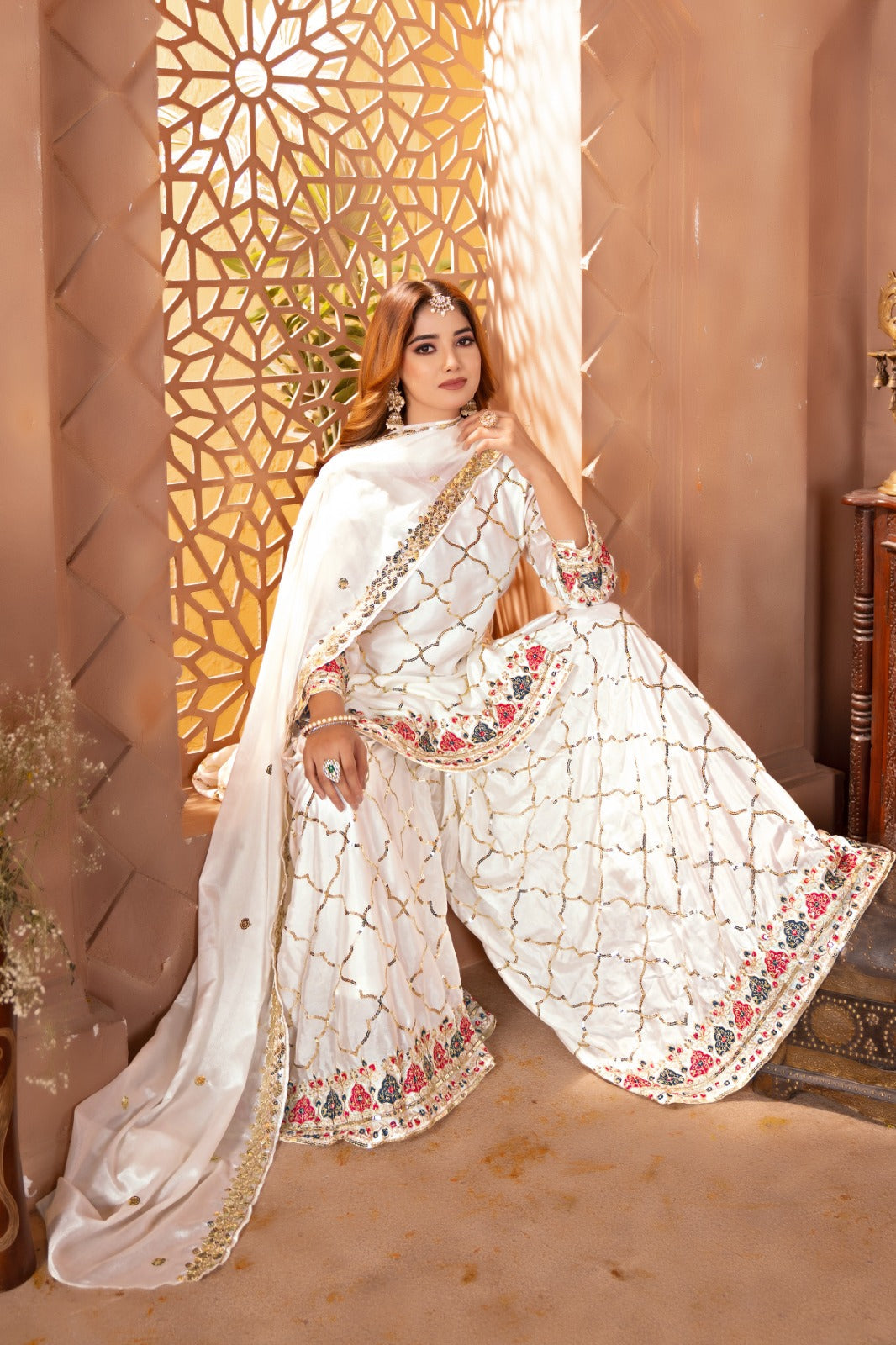 Yash Enterprise White Chinon Silk Embroidery Party Wear Suit Set  Grab2Buy Yash Enterprise Grab2Buy
