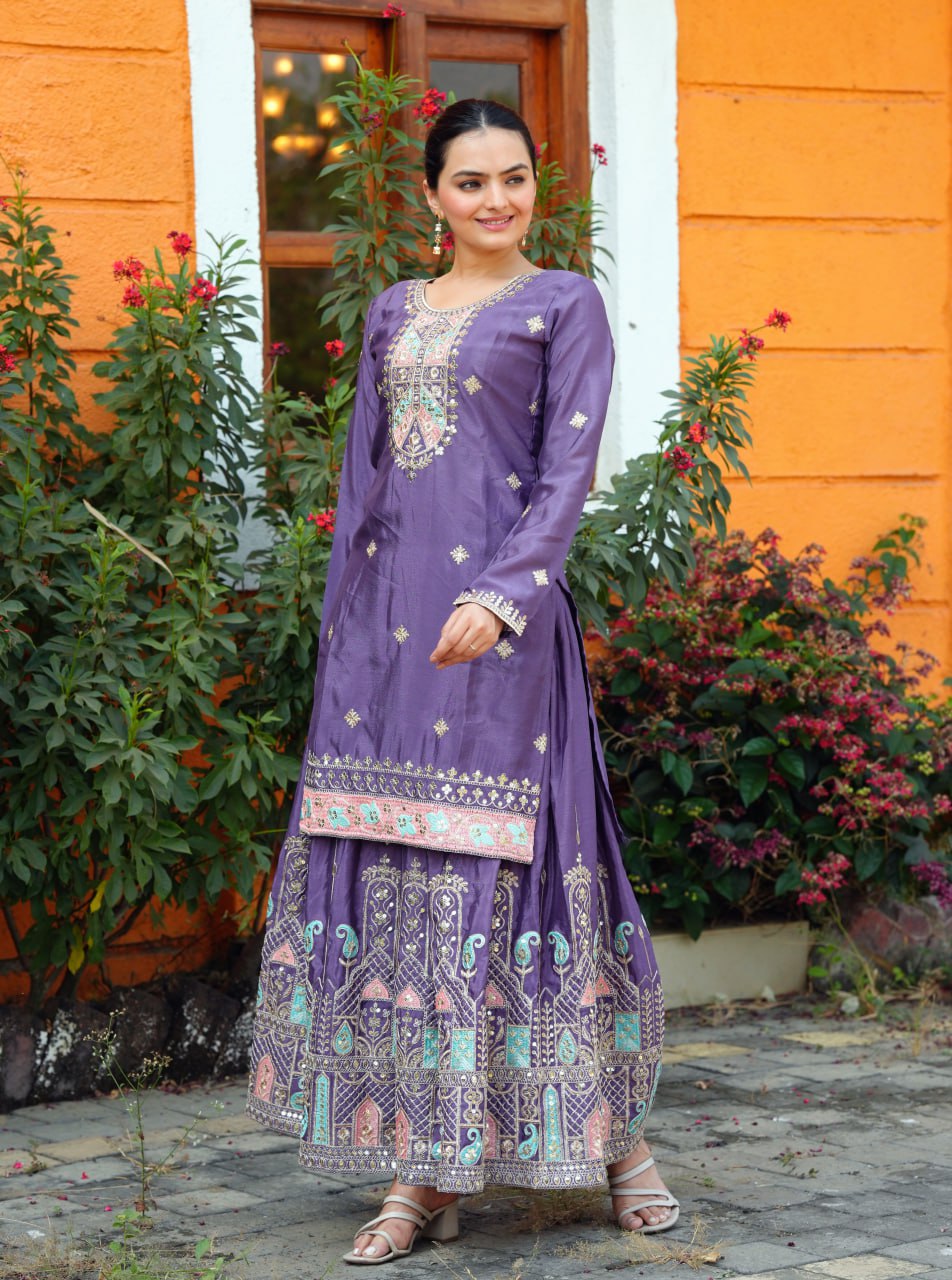 Yash Enterprise Purple Chinon Silk Party Wear Embroidery Suit Set  Grab2Buy Yash Enterprise Grab2Buy