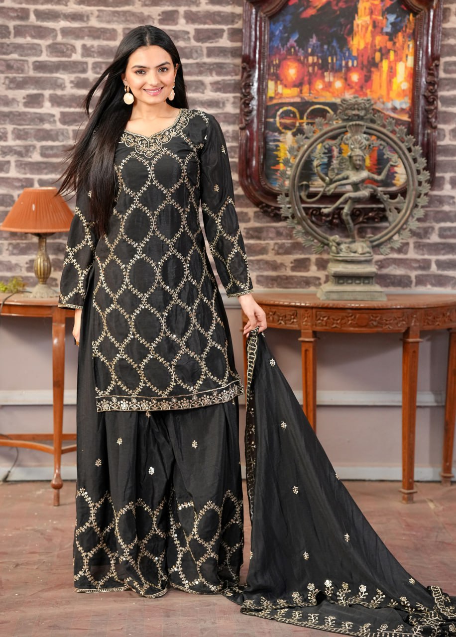 Yash Enterprise Black Chinon Silk Party Wear Embroidery Party Wear Suit Set  Grab2Buy Yash Enterprise Grab2Buy