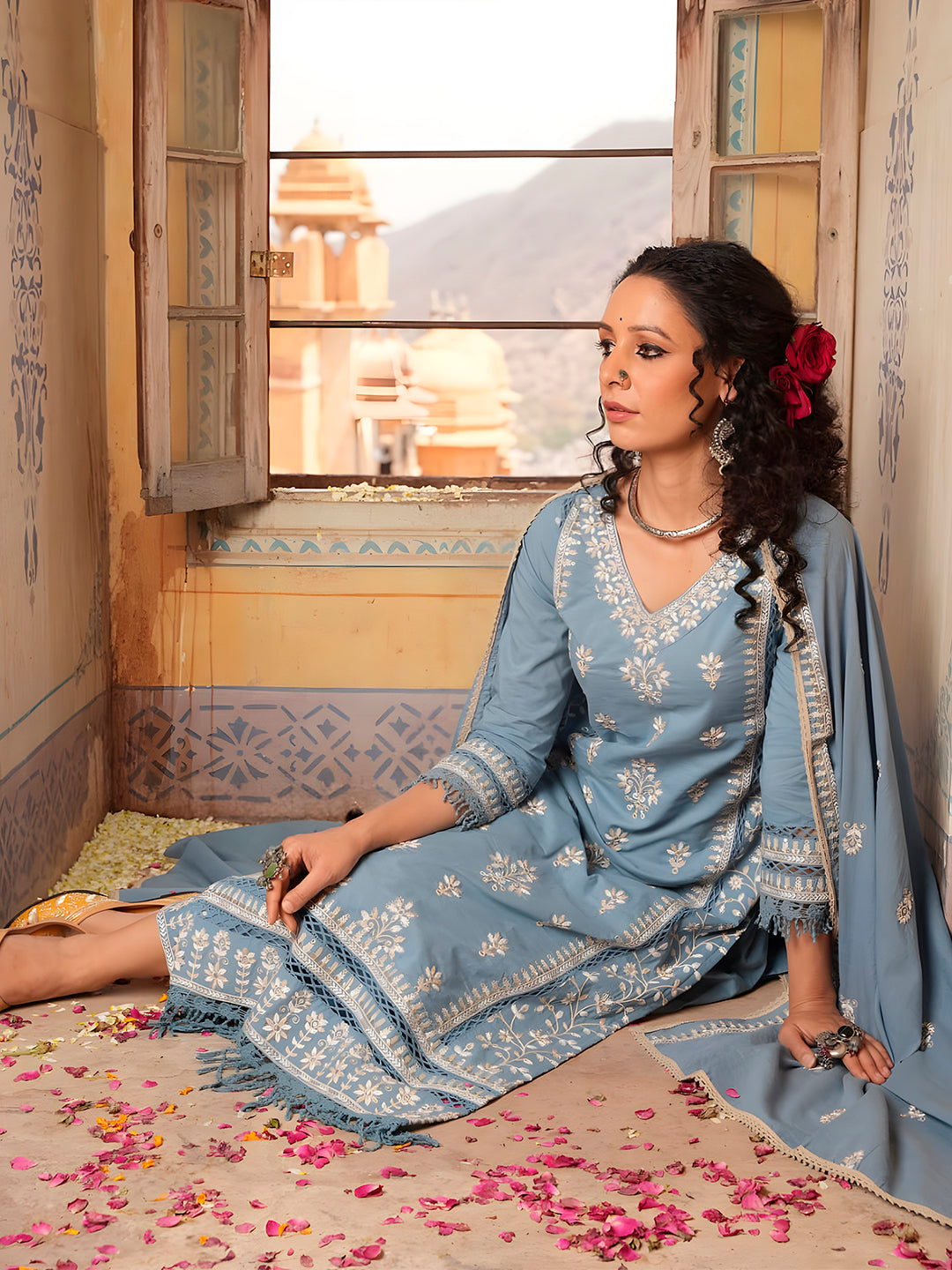 Embroidered & Lace Detailed Kurta With Pant & Embroidered Dupatta Luxury, Multicolor - Hiral Fashion