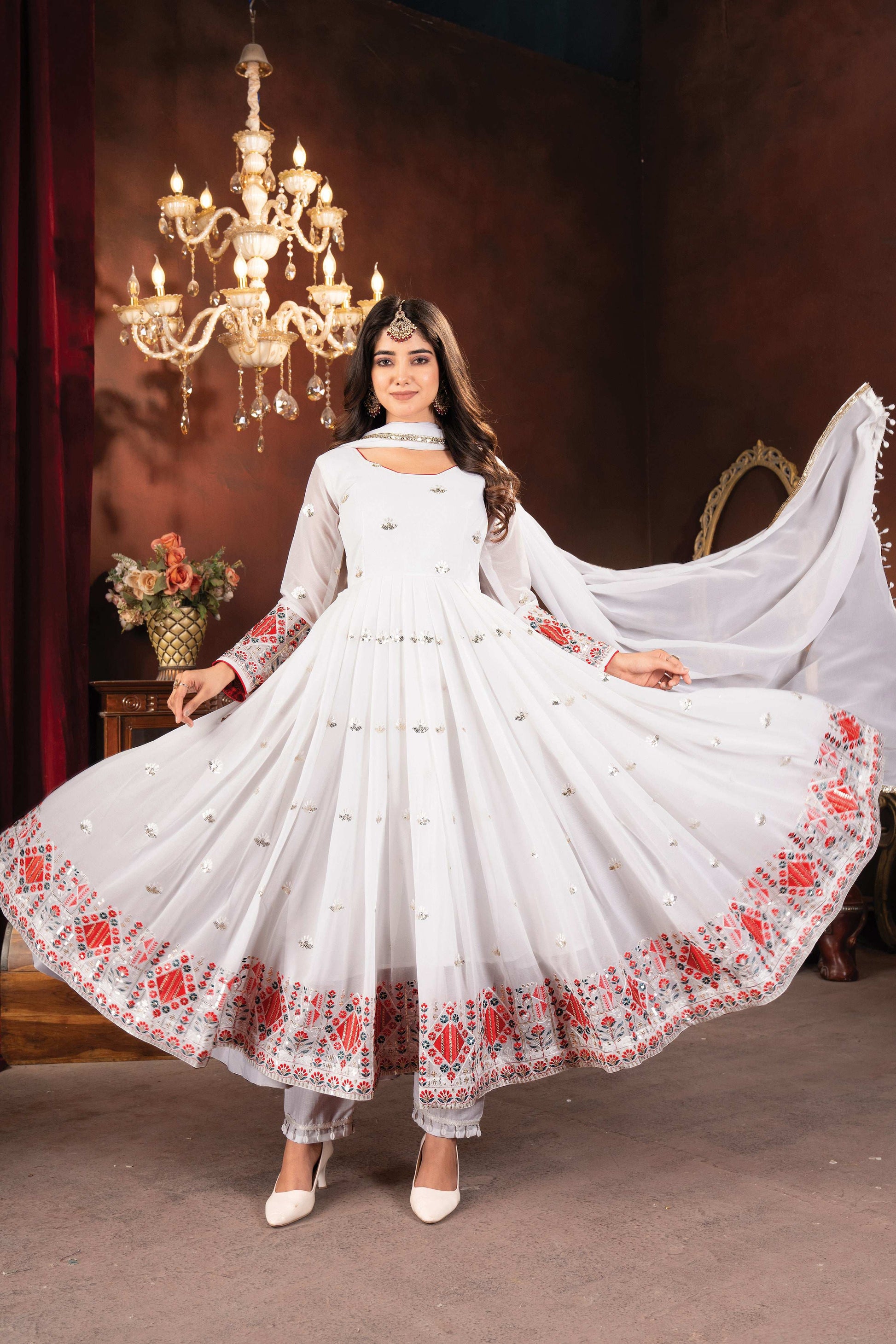 Yash Enterprise White Faux Blooming Embroidery Party Wear Suit Set  Grab2Buy Yash Enterprise Grab2Buy