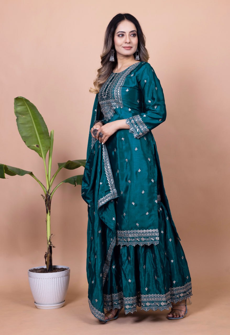 Yash Enterprise Rama Green Chinon Silk Embroidery Party Wear Suit Set  Grab2Buy Yash Enterprise Grab2Buy