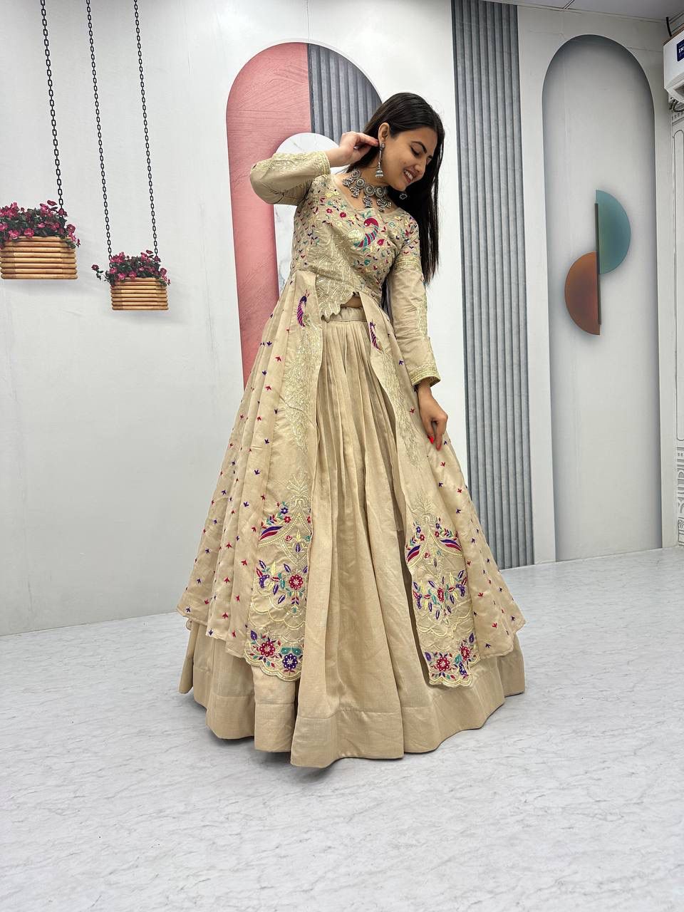 Yash Enterprise Cream Vichitra Silk Party Wear Embroidery Crop Top With Blouse Lehenga Choli  Grab2Buy Yash Enterprise Grab2Buy