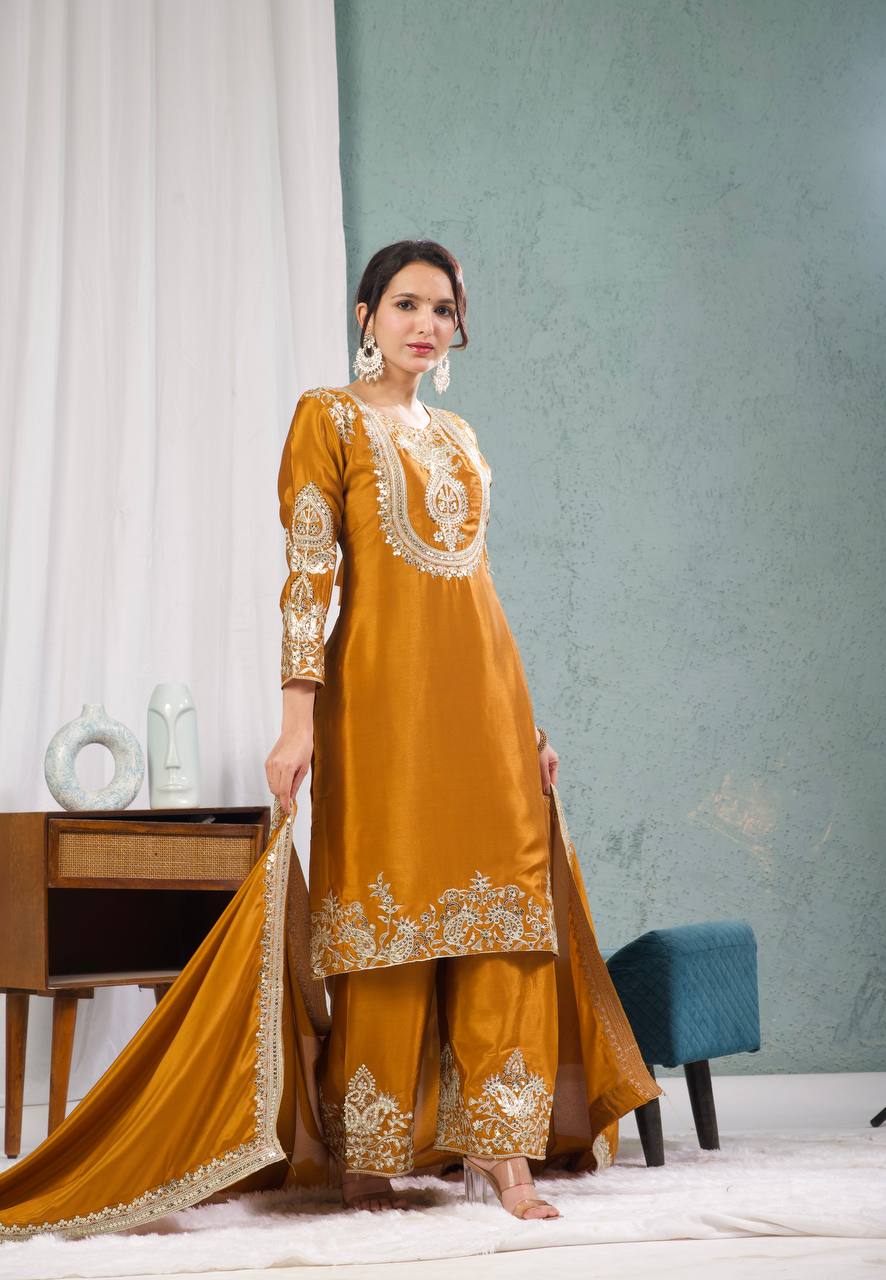 Yash Enterprise Gold Chinnon Silk Embroidery Party Wear Suit Set  Grab2Buy Yash Enterprise Grab2Buy