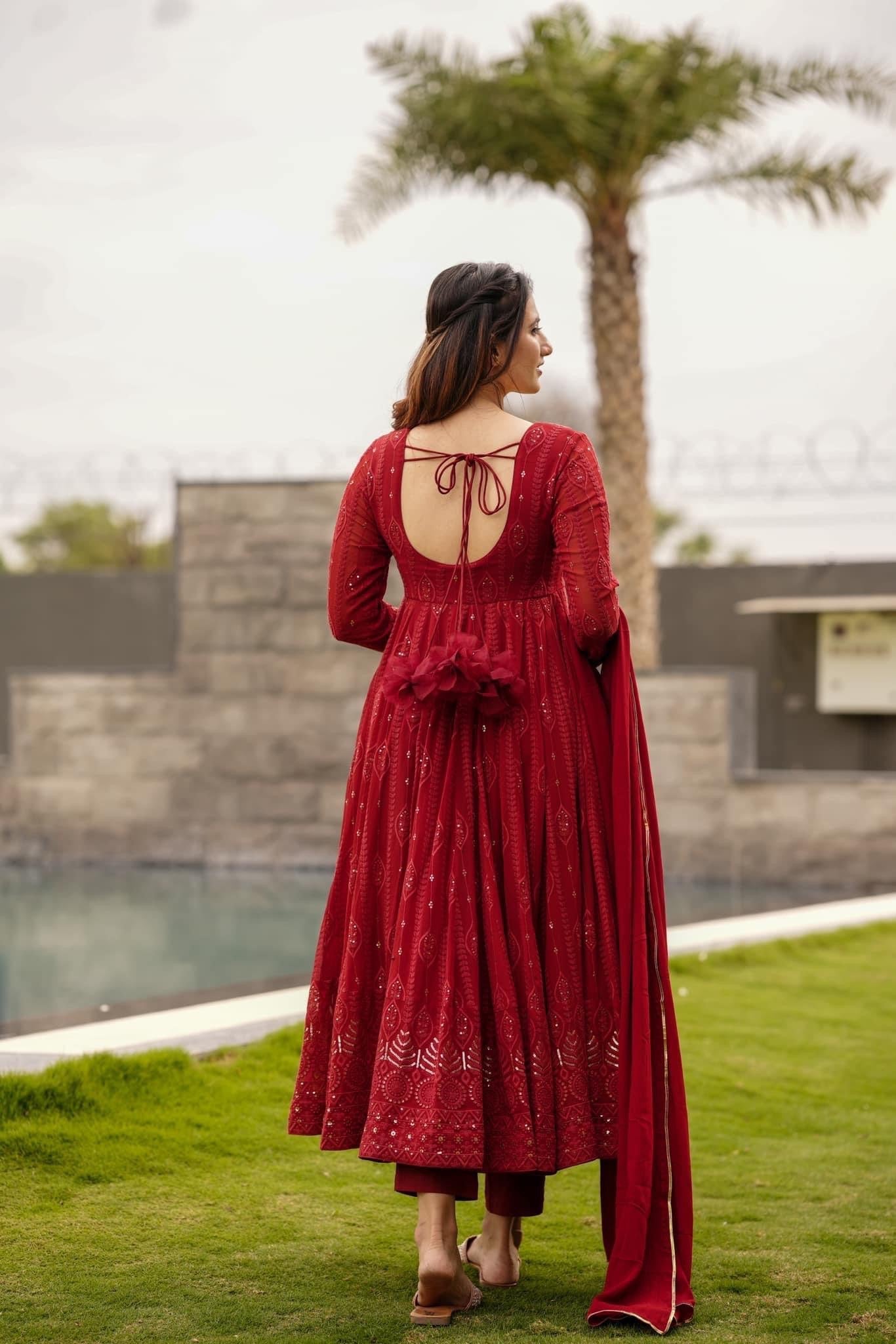 Yash Enterprise Marron Embroidered Georgette Suit Set  Grab2Buy Yash Enterprise Grab2Buy