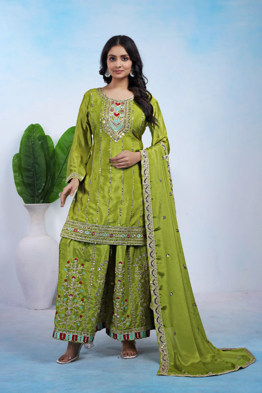 Yash Enterprise Green Chinon Silk Party Wear Embroidery Suit Set  Grab2Buy Yash Enterprise Grab2Buy