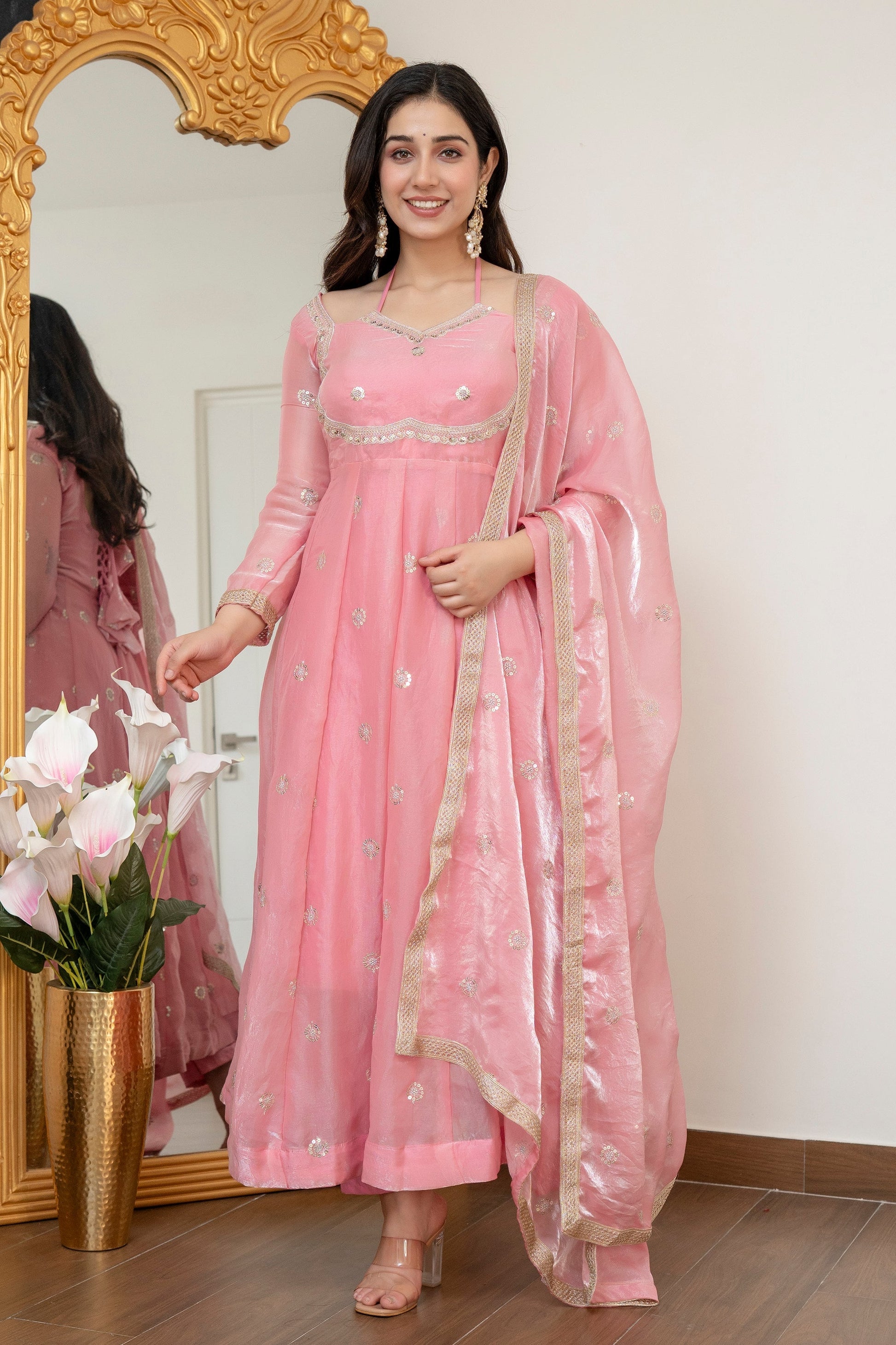 Yash Enterprise Peach Fandy Silk Party Wear Embroidery Suit Set  Grab2Buy Yash Enterprise Grab2Buy