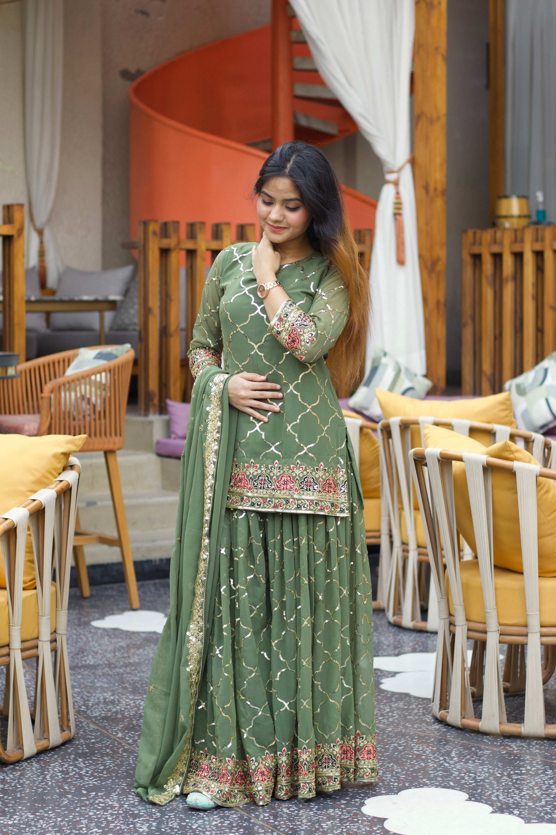 Yash Enterprise Green Georgette Embroidery Party Wear Suit Set  Grab2Buy Yash Enterprise Grab2Buy