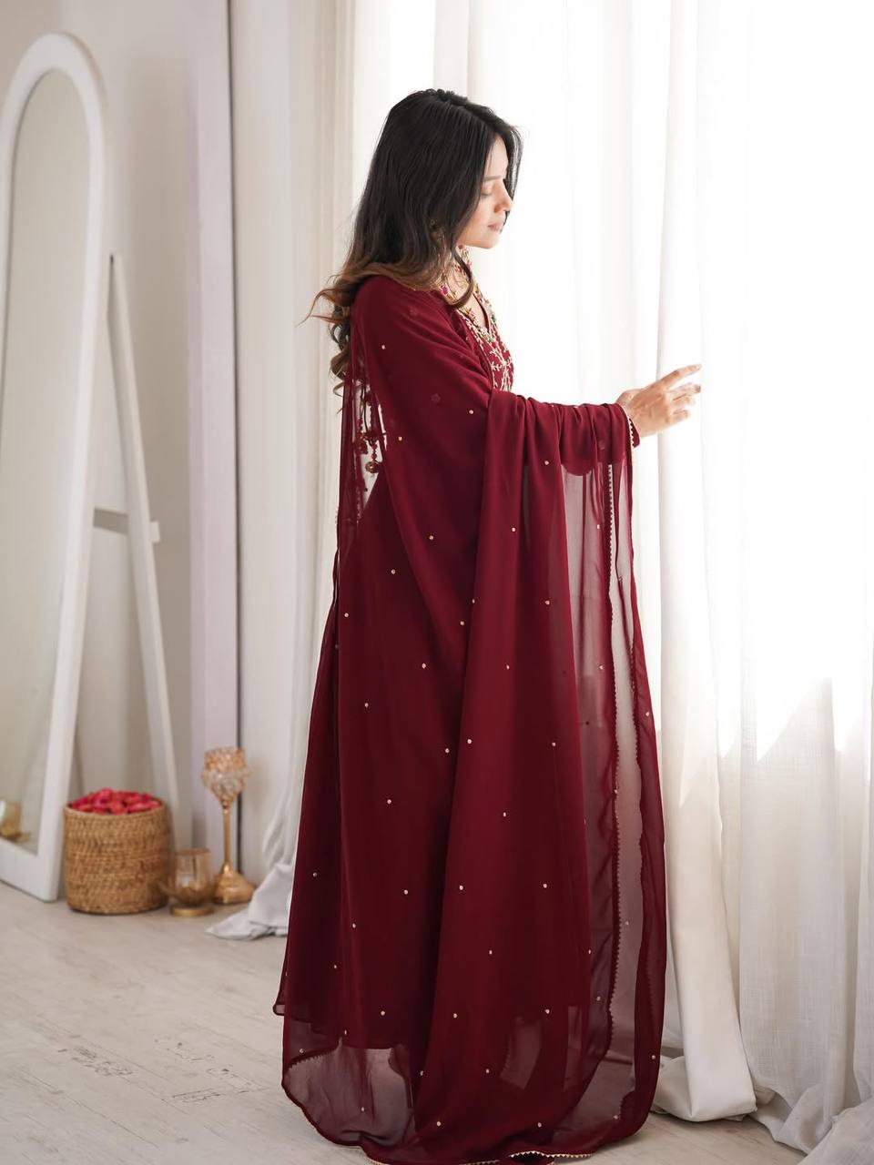 Yash Enterprise Maroon Faux Georgette Party Wear Embroidery Suit Set  Grab2Buy Yash Enterprise Grab2Buy