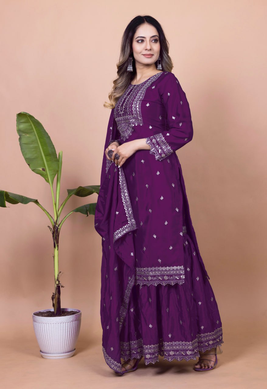 Yash Enterprise Purple Chinon Silk Embroidery Party Wear Suit Set  Grab2Buy Yash Enterprise Grab2Buy