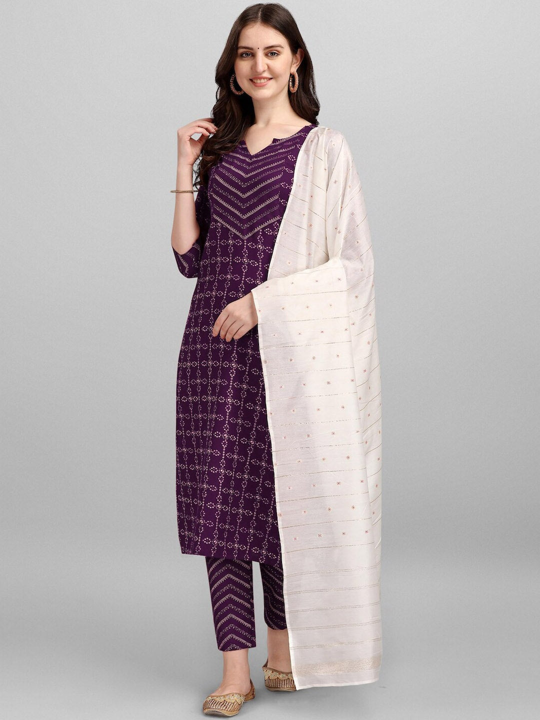 HERE&NOW Purple Ethnic Motifs Printed Pure Cotton Kurta with Trousers & With Dupatta