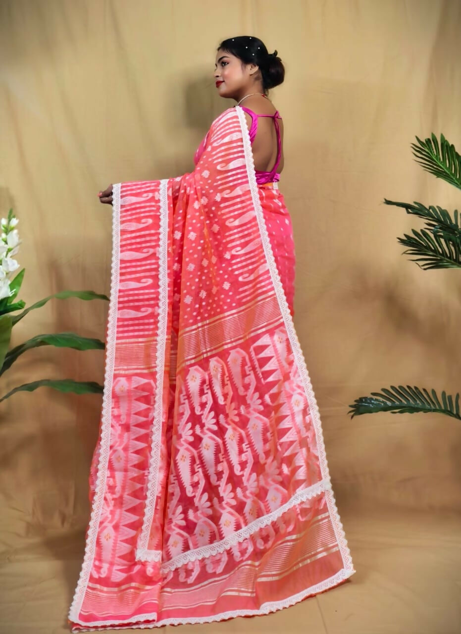 Exclusive Collection Beautiful Peach Jaal Jamdani Grab2Buy 