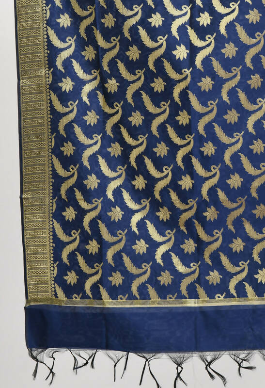 Mominos Fashion Moeza Women's Banarsi Silk Floral Woven Design Navy Blue Dupatta 