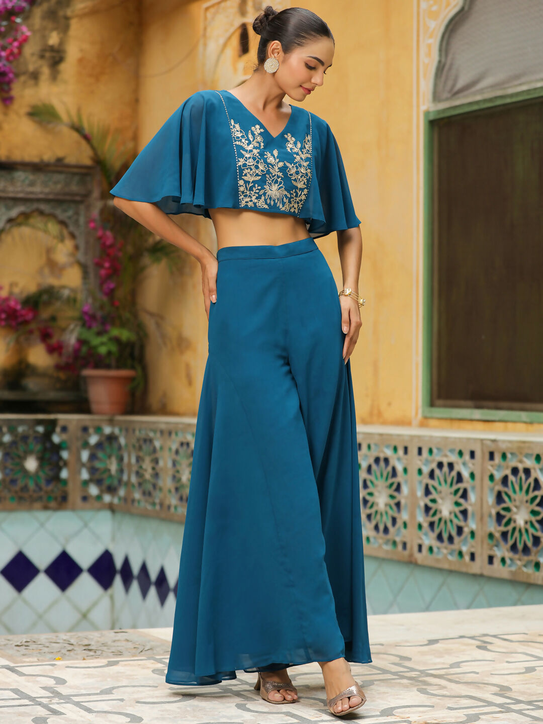 Janasya Teal Blue Georgette Yoke Embroidery Co-Ords 