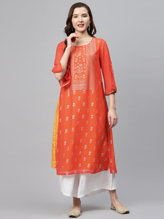 Biba Women Rust Orange & Golden Printed Layered Straight Kurta - Grab2buy