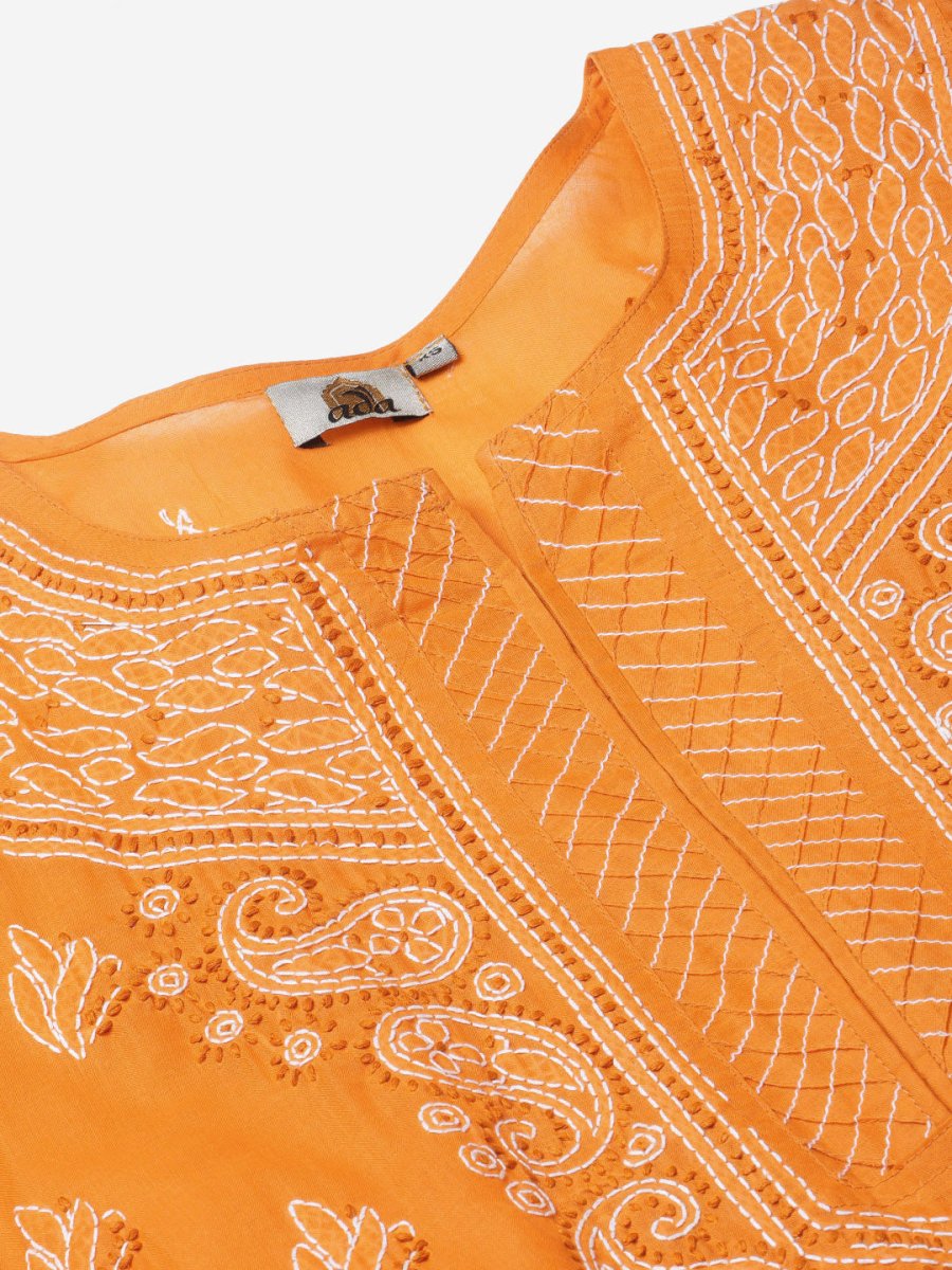 ADA Women Mustard Yellow & White Chikankari Embroidered Cotton Sustainable Handloom Kurta with Palazzos 