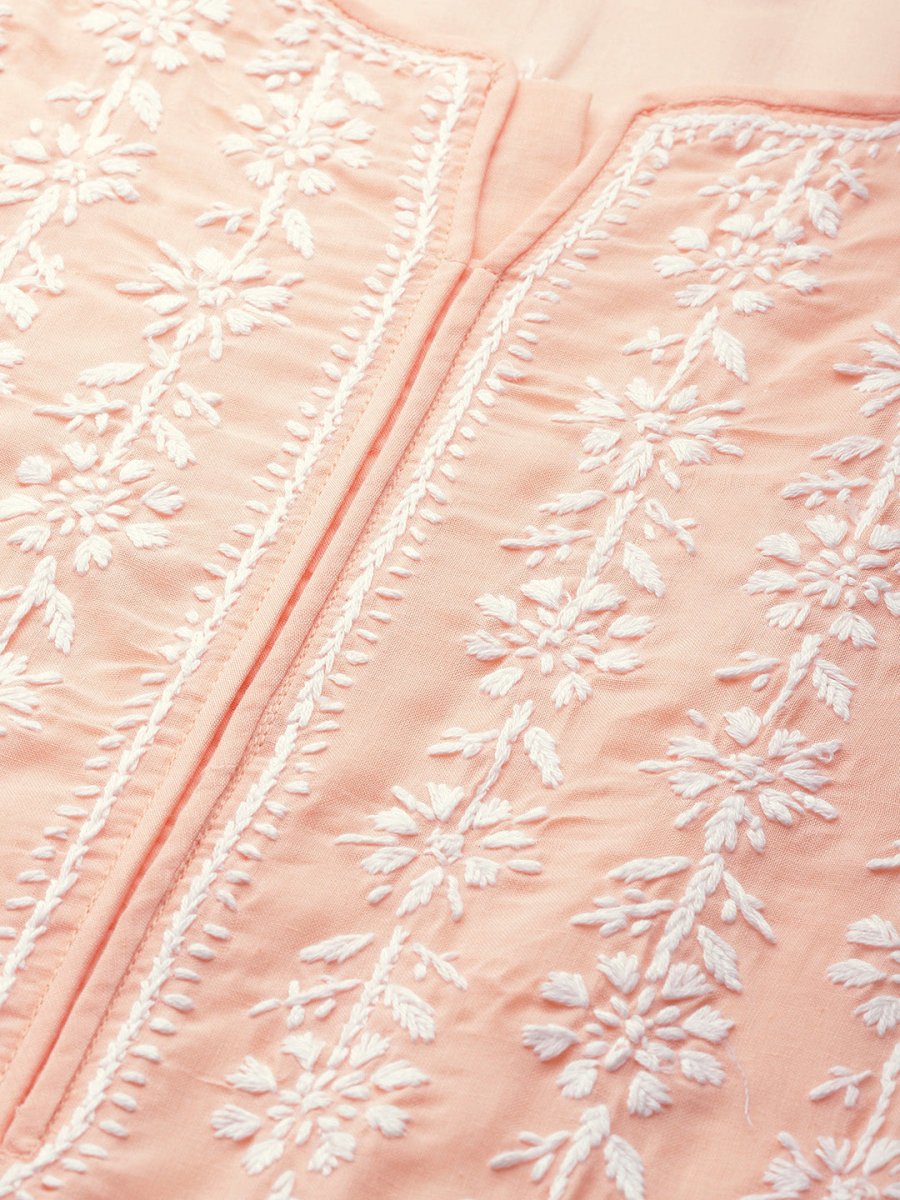 ADA Women Peach-Coloured & White Chikankari Embroidered Cotton Straight Sustainable Kurta 