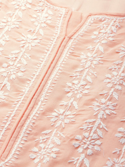 ADA Women Peach-Coloured & White Chikankari Embroidered Cotton Straight Sustainable Kurta 