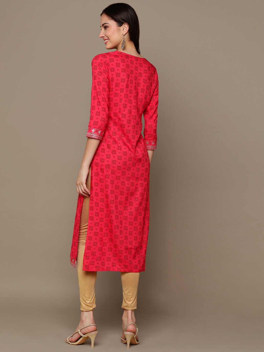 HERE&NOW Ethnic Motifs Printed Sequined Embroidered Straight Kurta