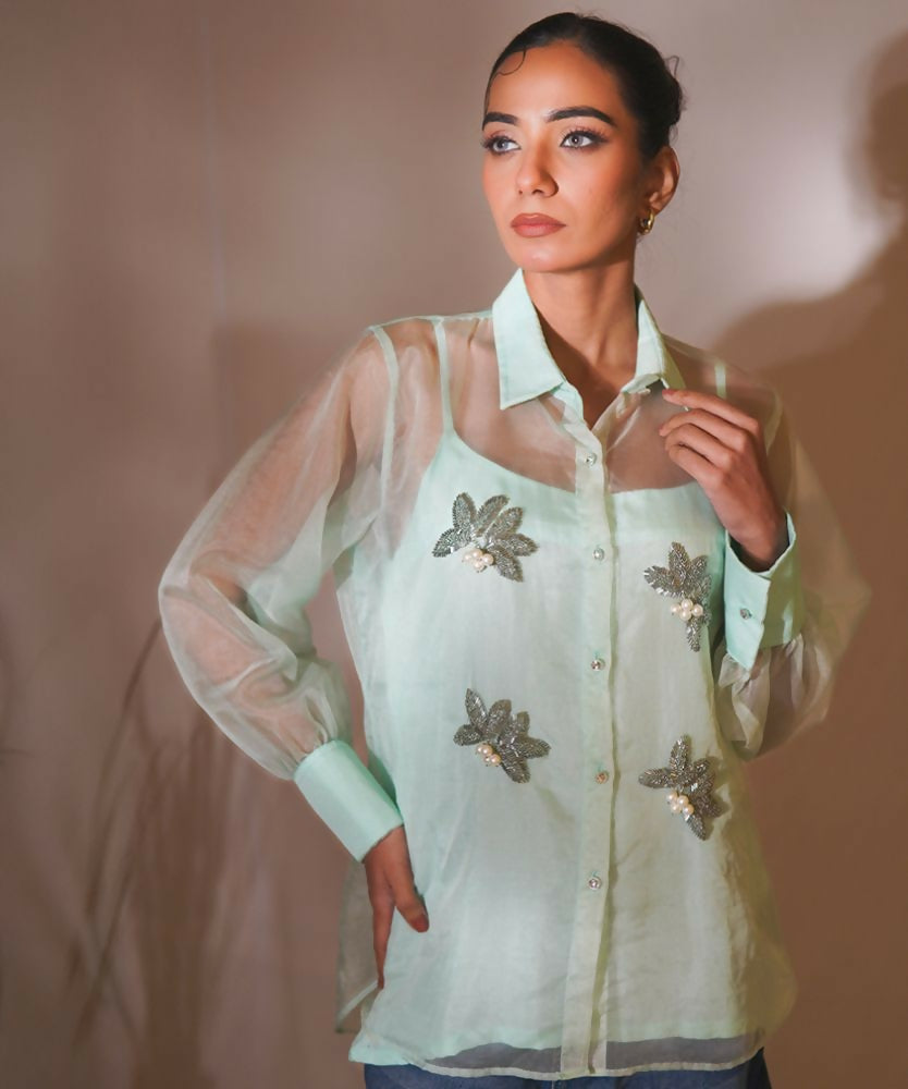 Timaraa Mint Whisper Hand-Embellished Organza Shirt  Grab2Buy Timaraa Grab2Buy