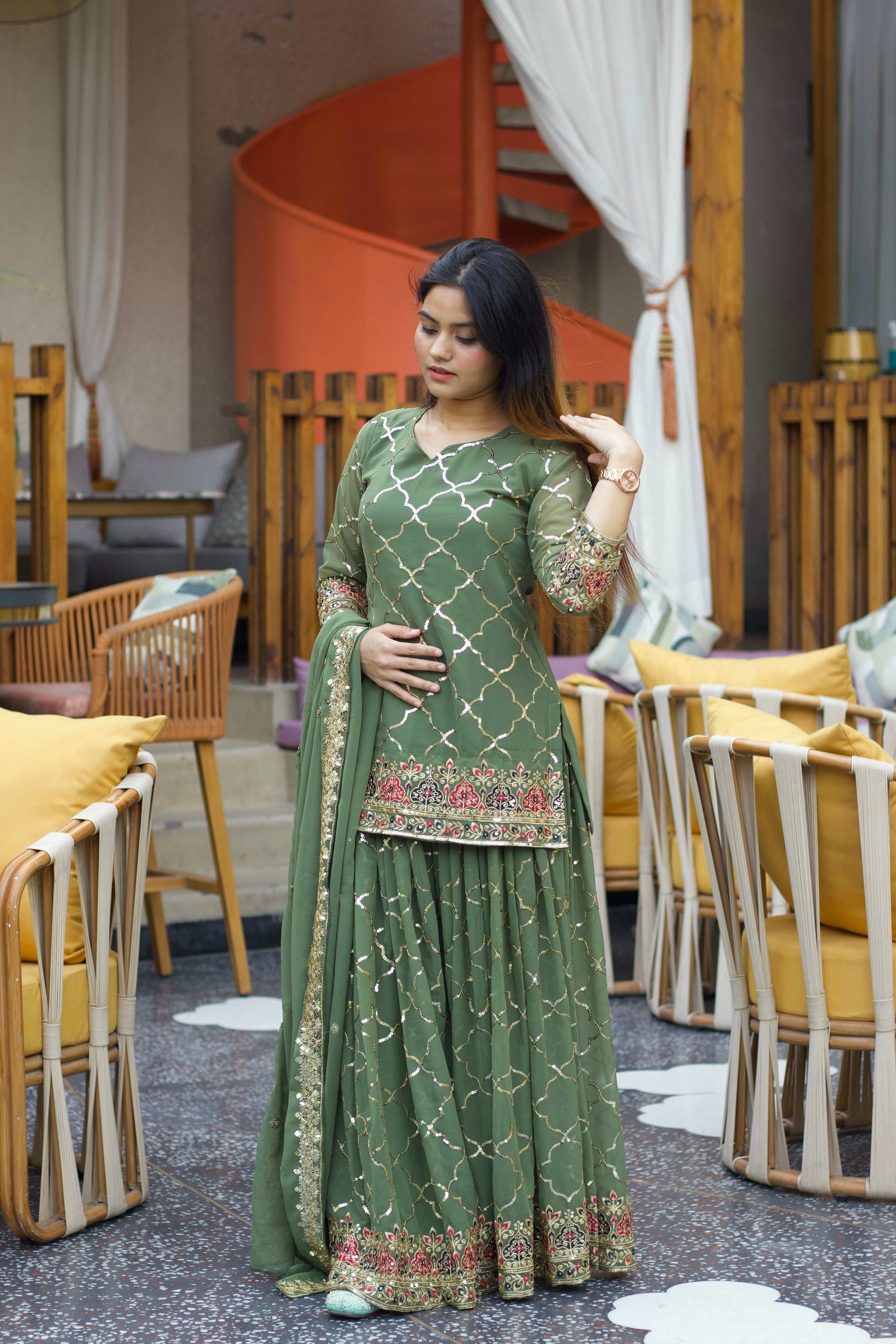 Yash Enterprise Green Georgette Embroidery Party Wear Suit Set  Grab2Buy Yash Enterprise Grab2Buy