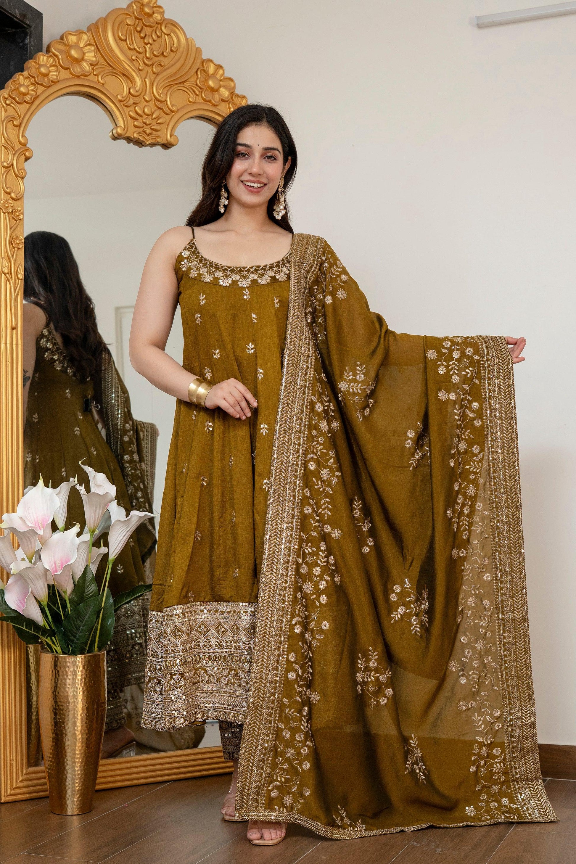 Yash Enterprise Mehndi Vichitra Silk Party Wear Embroidery Suit Set  Grab2Buy Yash Enterprise Grab2Buy