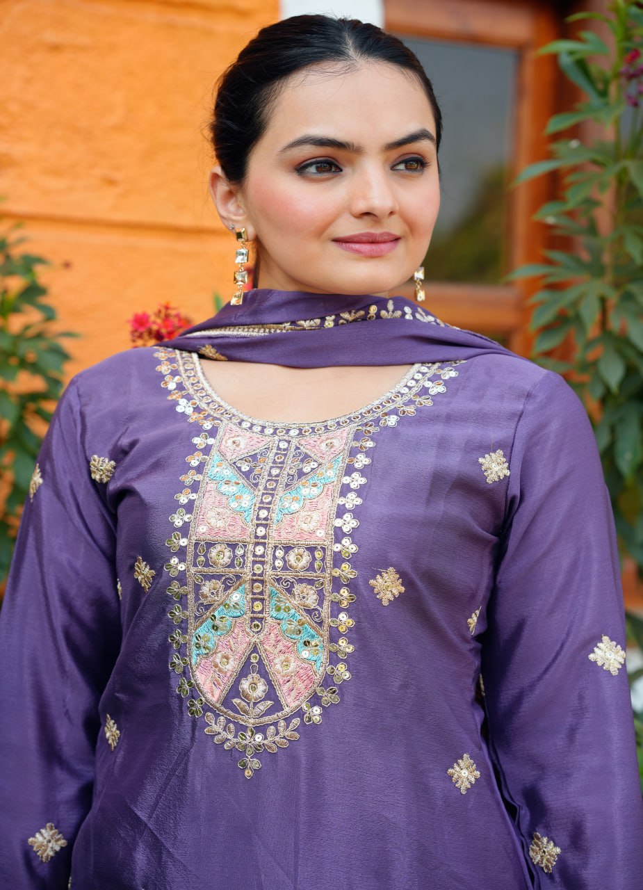Yash Enterprise Purple Chinon Silk Party Wear Embroidery Suit Set  Grab2Buy Yash Enterprise Grab2Buy