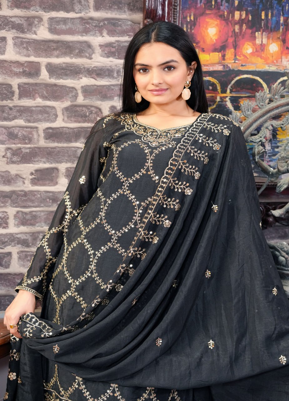 Yash Enterprise Black Chinon Silk Party Wear Embroidery Party Wear Suit Set  Grab2Buy Yash Enterprise Grab2Buy