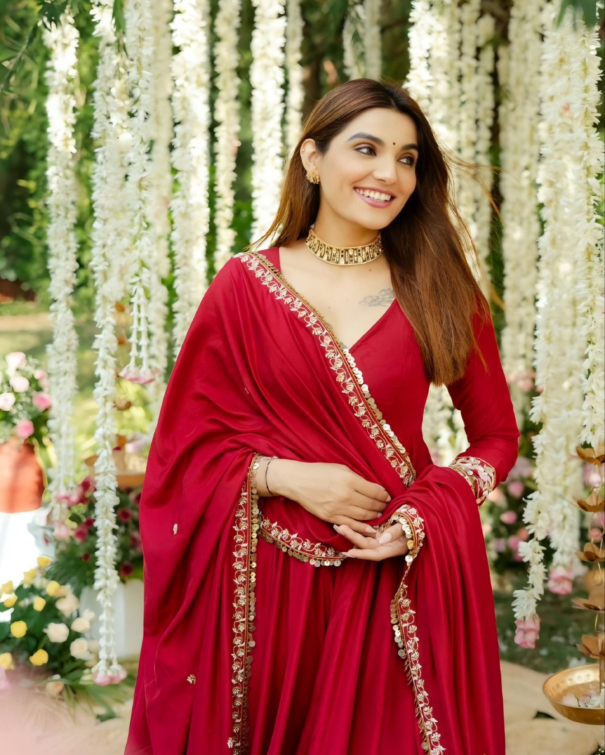 Yash Enterprise Red Roman Silk Embroidery Suit Set  Grab2Buy Yash Enterprise Grab2Buy