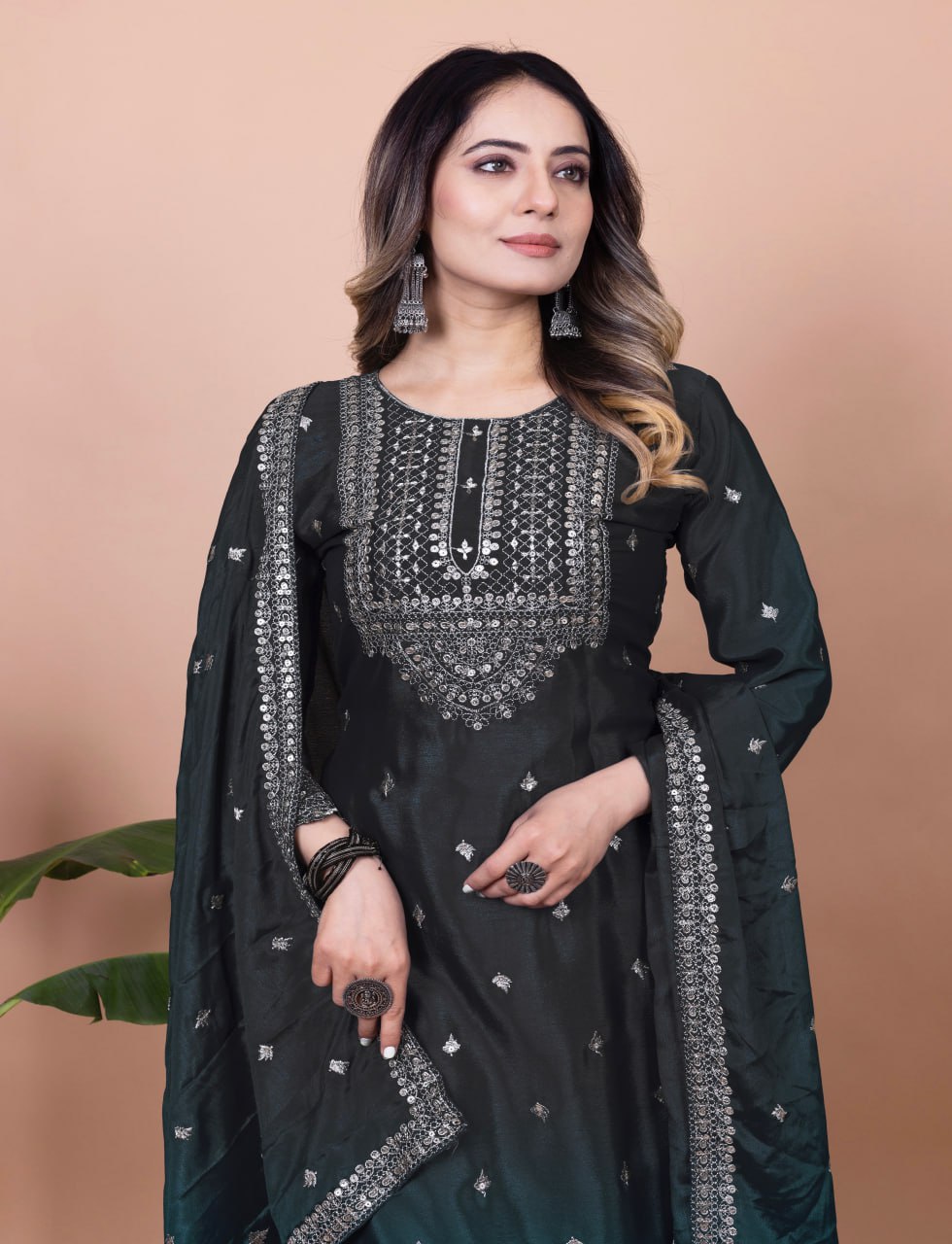 Yash Enterprise Black Chinon Silk Embroidery Party Wear Suit Set  Grab2Buy Yash Enterprise Grab2Buy