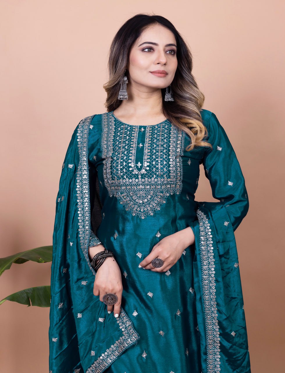 Yash Enterprise Rama Green Chinon Silk Embroidery Party Wear Suit Set  Grab2Buy Yash Enterprise Grab2Buy