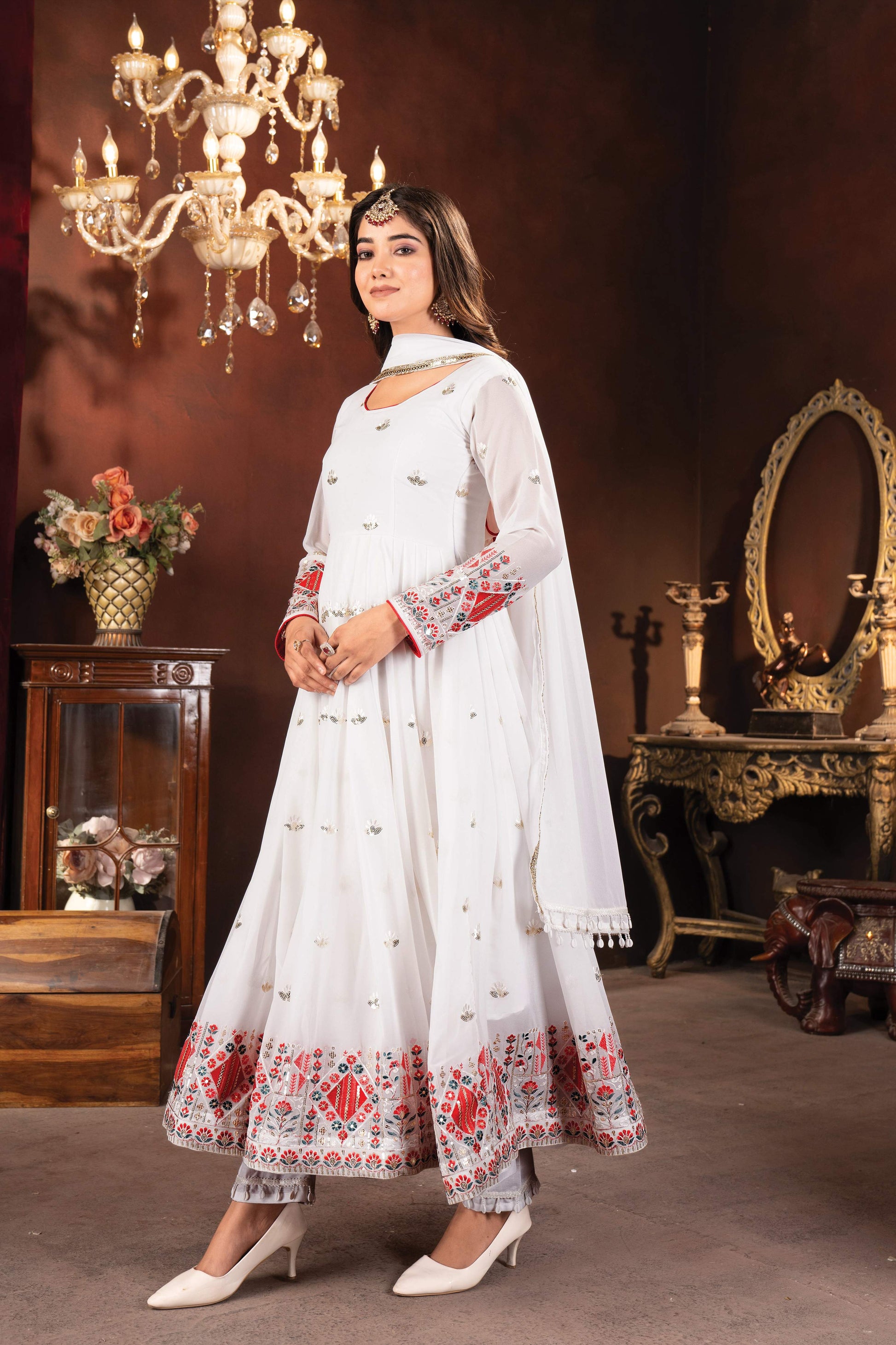 Yash Enterprise White Faux Blooming Embroidery Party Wear Suit Set  Grab2Buy Yash Enterprise Grab2Buy