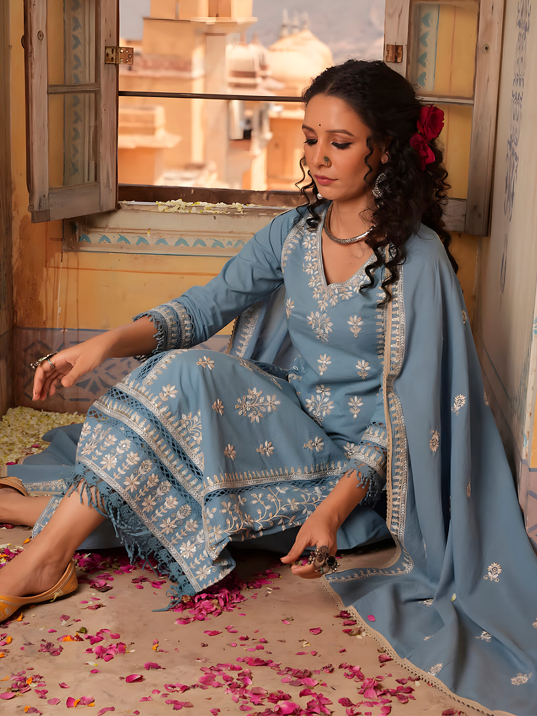 Embroidered & Lace Detailed Kurta With Pant & Embroidered Dupatta Luxury, Multicolor - Hiral Fashion