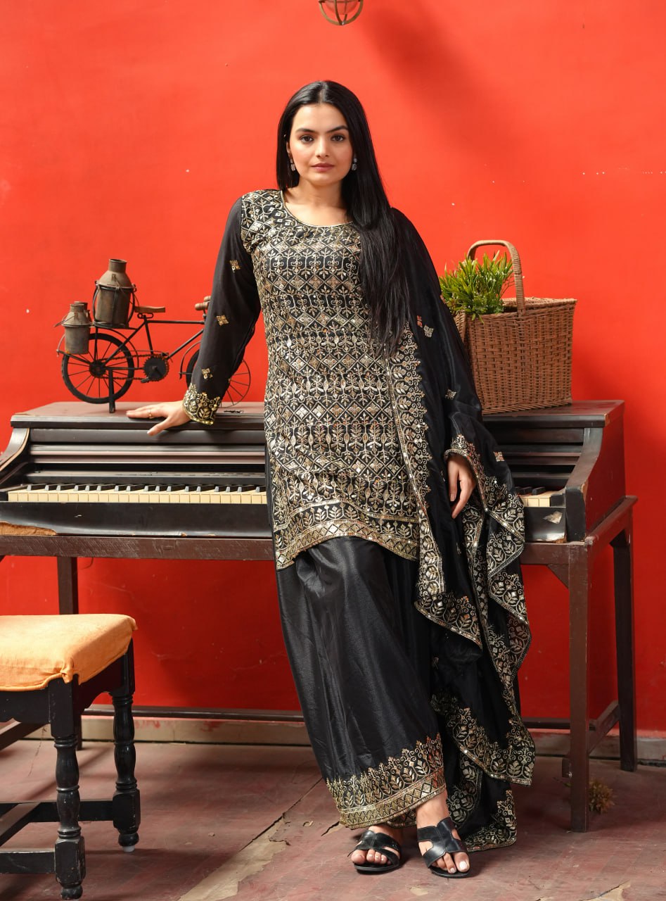 Yash Enterprise Black Chinon Silk Party Wear Embroidery Party Wear Suit Set  Grab2Buy Yash Enterprise Grab2Buy