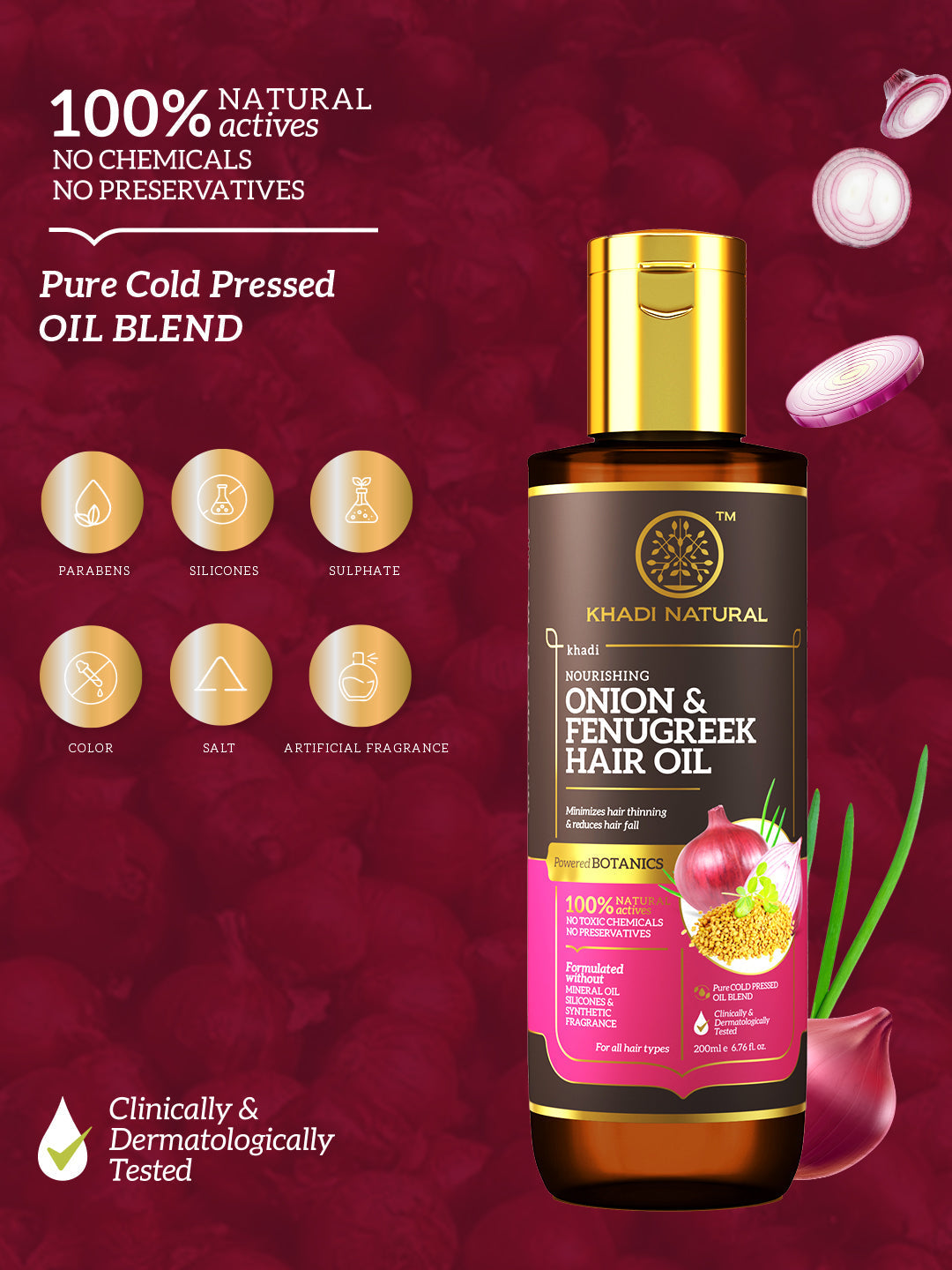 Khadi Natural Onion & Fenugreek Hair Oil - Mineral Oil, Silicones, Synthetic Fragrance Free - 200ml 