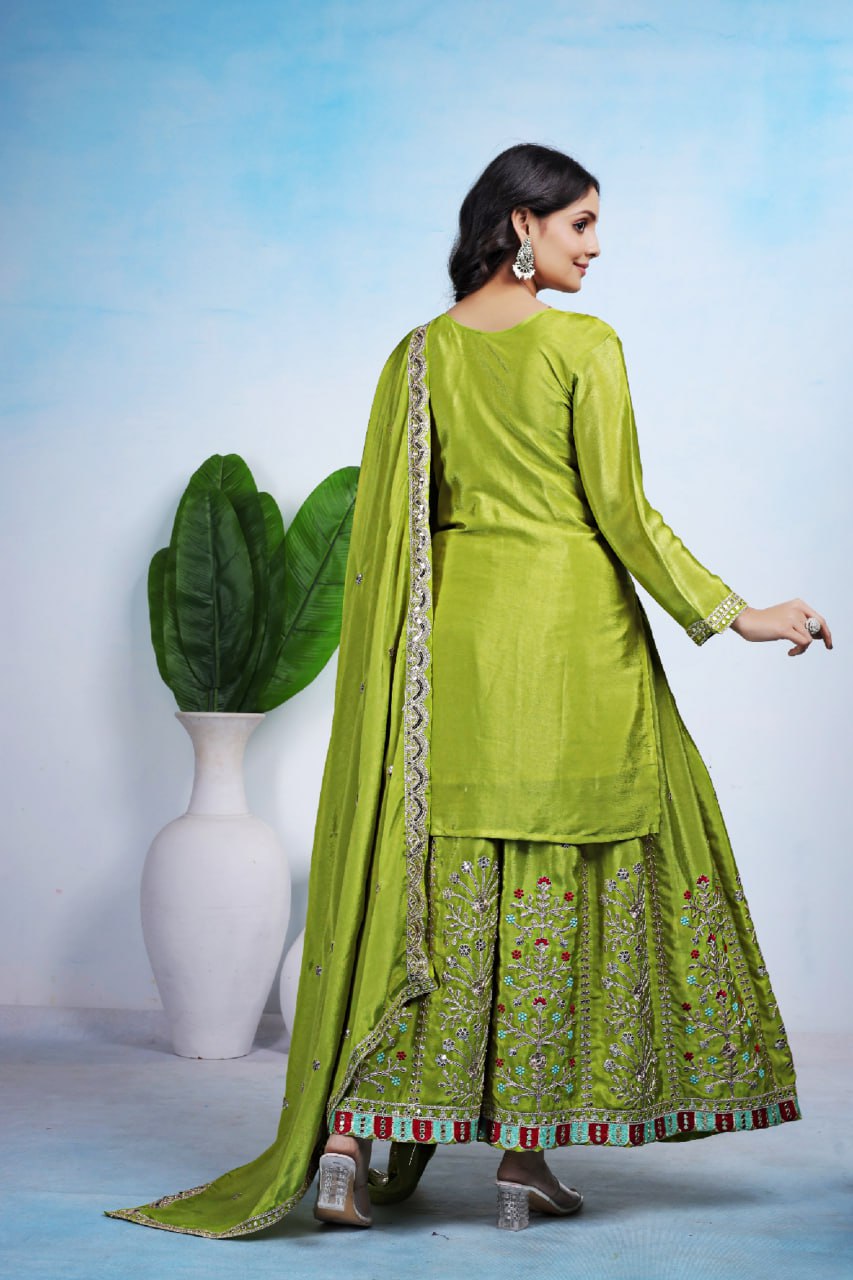 Yash Enterprise Green Chinon Silk Party Wear Embroidery Suit Set  Grab2Buy Yash Enterprise Grab2Buy