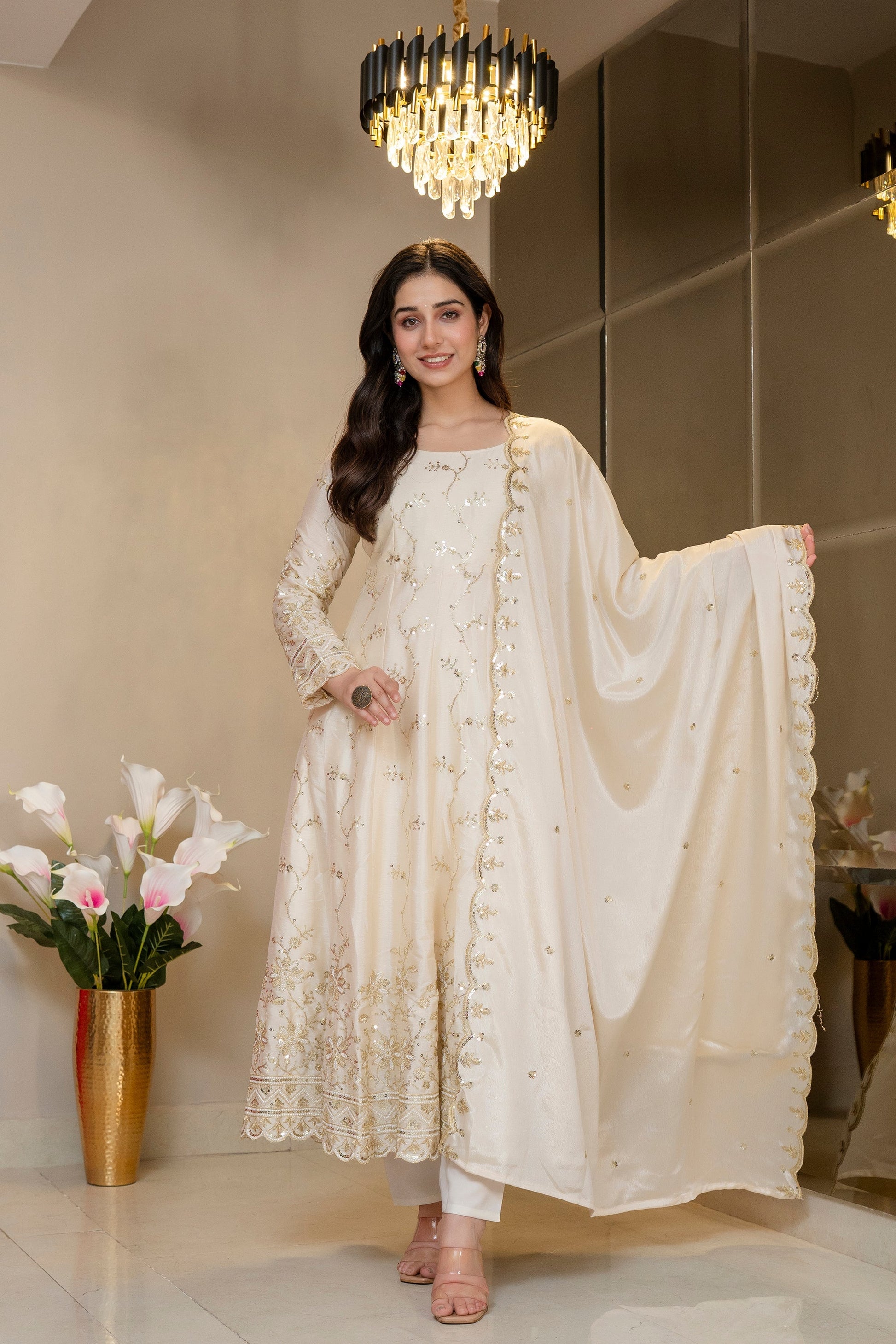 Yash Enterprise Cream Chinon Silk Party Wear Embroidery Suit Set  Grab2Buy Yash Enterprise Grab2Buy