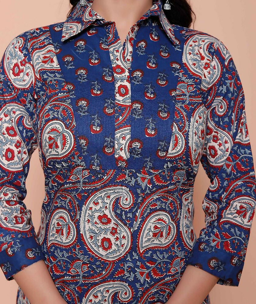 Miravan Womens Cotton Floral Printed Shirt-Collar Straight Kurta And Palazzo Set